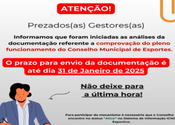 Prazo para comprovação do pleno funcionamento do Conselho Municipal de Esportes vai até o dia 31 de janeiro